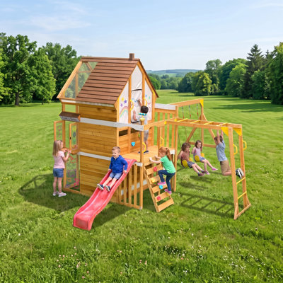 Playground Sets for Backyard with Playhouse, Wooden Swing Sets with Loft,Balcony, Garage, Store Window, Slide, Monkey Bars, Rock Climbing Wall, Outdoor Playset for Kids 3-10