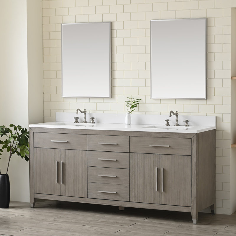 Maddison 72'' Double Bathroom Vanity with Engineered Stone Top and Backsplash, Heritage Brushed Oak