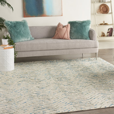 Tapis en laine touffeté à la main à motif géométrique ivoire / bleu