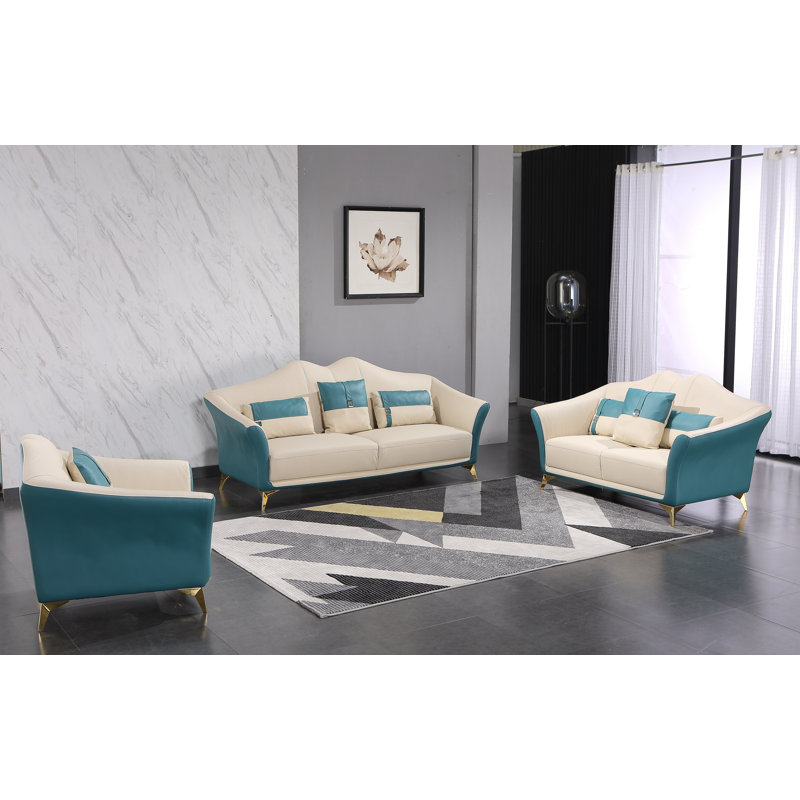 Sofa, White/Blue Genuine Leather