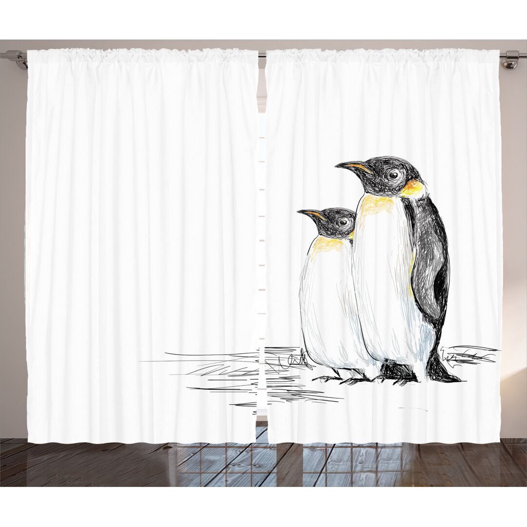 Rustikaler Vorhang, Hand Drawn Penguins Kunst, Tier, Weiß Schwarz