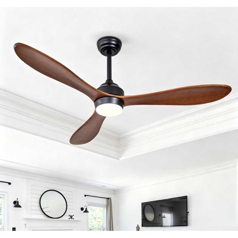 52 Inch 3 Solid Wood Blades Matte Black Ceiling Fan, Matte Black, Red Wood