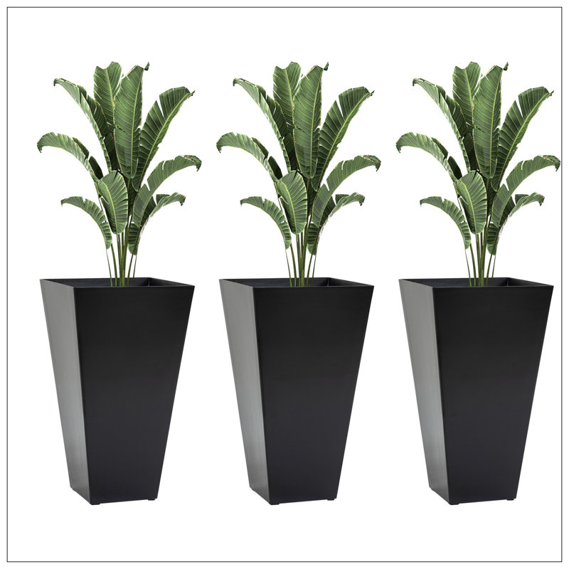 Set Of 3 Tall Planters With Drainage Hole, 28" Outdoor Flower Pots, Indoor Planters For Porch Patio And Deck, Black