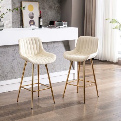 26" Of 2 Counter Chairs, Velvet Fabric With Golden Leg And Foot Rest, Cream Stool 2 Bar Stools, Colored