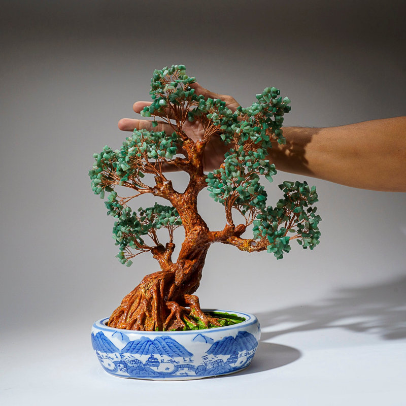 Véritable bonsaï vert Aventurine en pot ovale en céramique (hauteur de 15 €)