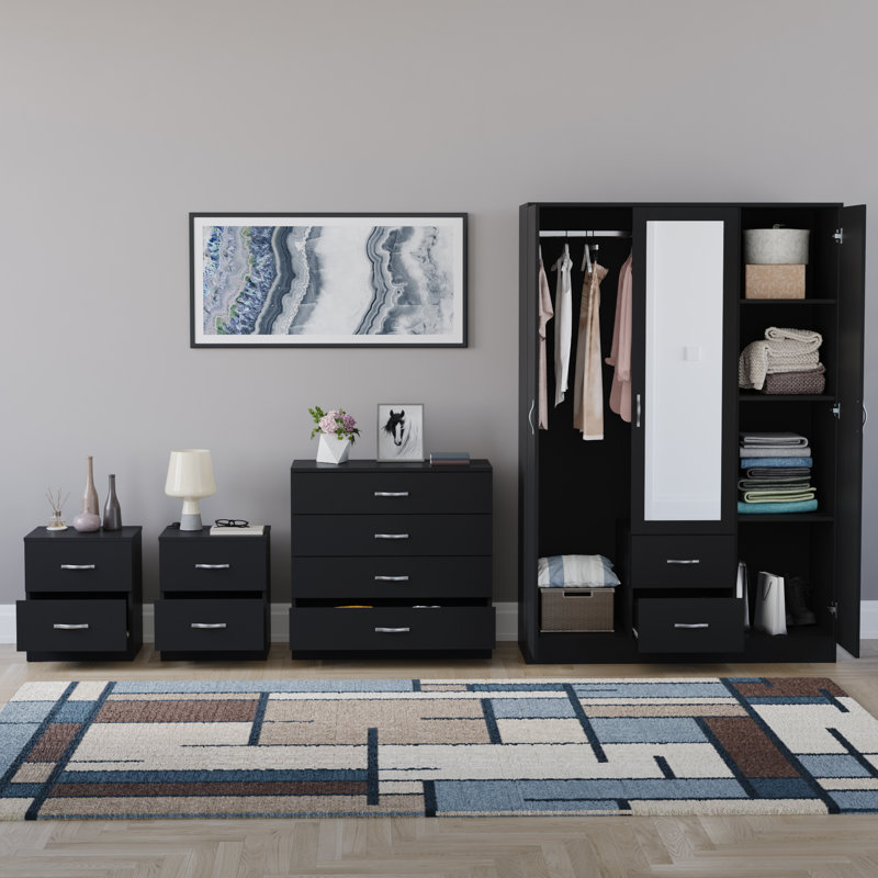 Tayce 4 Piece Bedroom Set (2 Drawer Bedside Chest, 4 Drawer Chest, 3 Door 2 Drawer Mirrored Wardrobe), Black