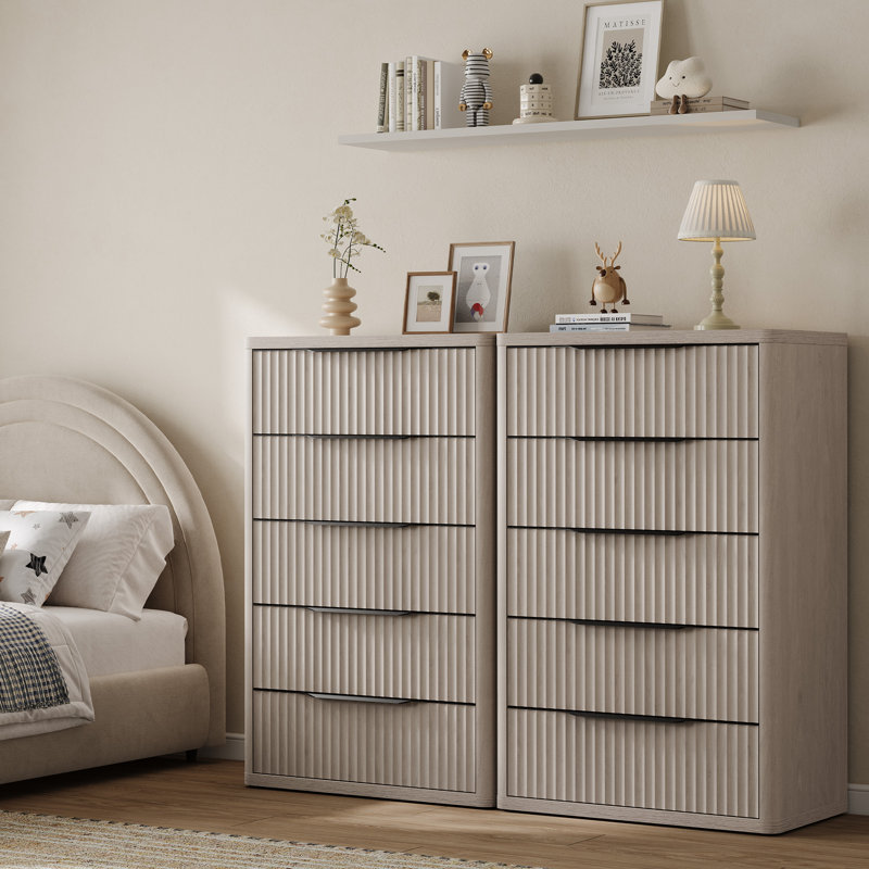 Modern Fluted 5-Drawer Dresser, 50.7" Tall Bedroom Storage Chest, White Alder