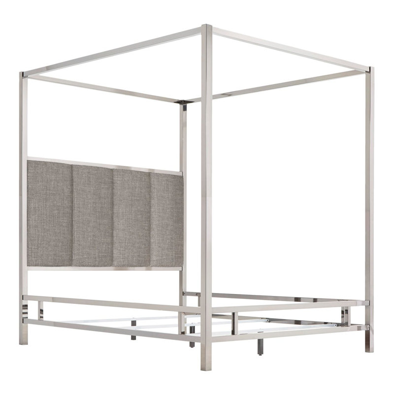 Upholstered Metal Canopy Bed, Chrome Metal/Gray, Full