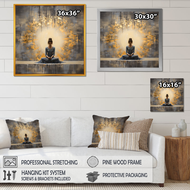 «Gold Meditation Pose», reproduction sur toile, Cadre flottant noir, 30" H x 30" W