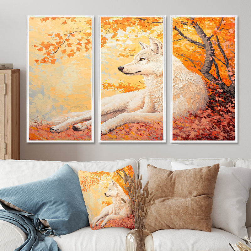 «Blooming Wolf At Sunset II» - ensemble d'art mural loup, H 32 po x l 48 po, Reproduction avec cadre flottant, Blanc