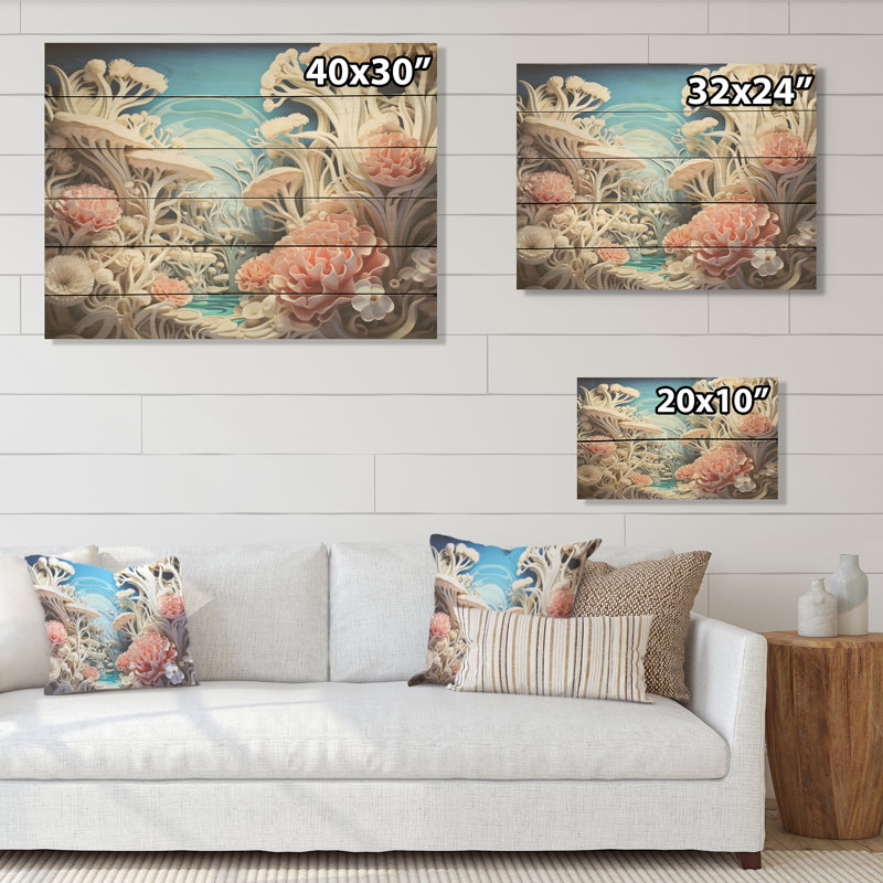 Collage de corail anémone de mer - corail côtier sous l'eau, art mural sur bois de pin naturel, H 30 po x l 40 po
