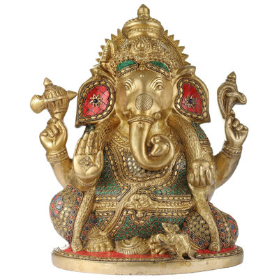 Figurine en laiton à quatre bras avec bénédiction Ganesha (incrustation de pierre)