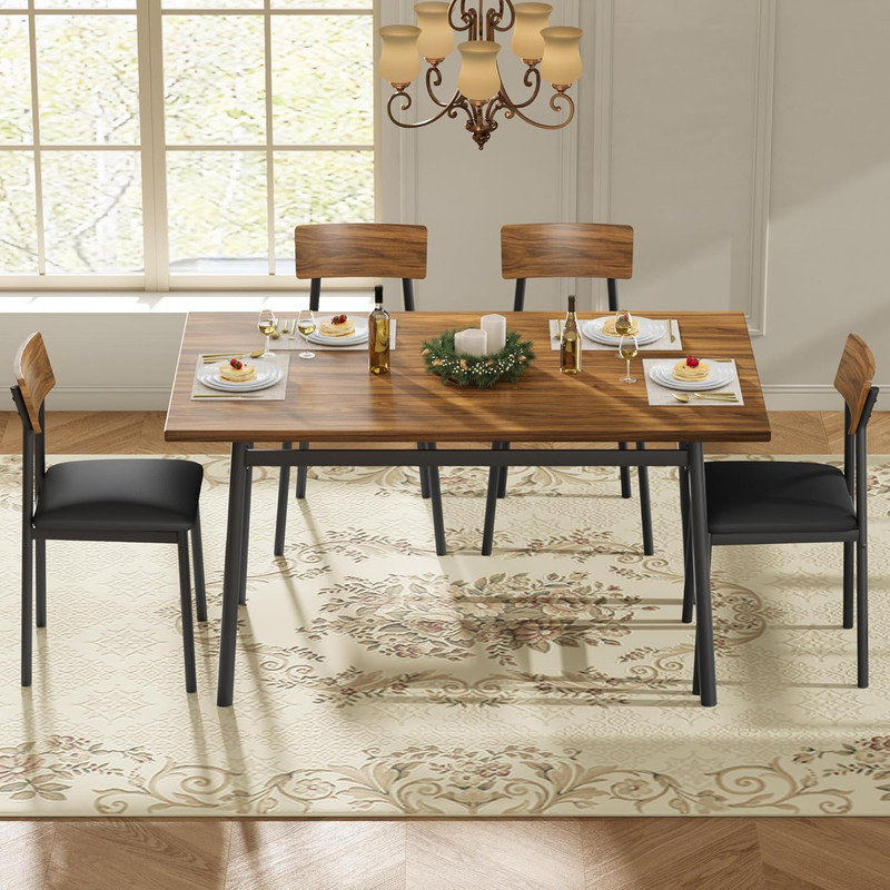 Ensemble de table de salle à manger 5 pièces avec chaises rembourrées - Table de cuisine en bois et structure en métal, bord lisse, conception peu encombrante pour la salle à manger, appartement