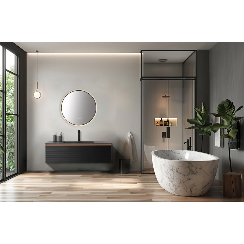 Shell LED Mirror, Matte Black, Round, 35.43" x 35.43"