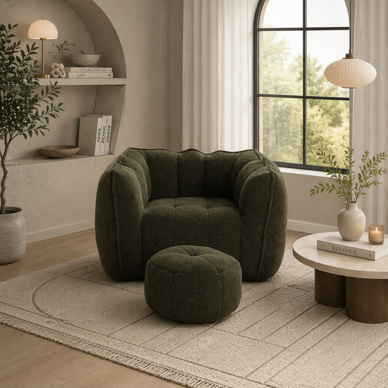 Fauteuil à billes Soft avec repose-pieds, Vert olive