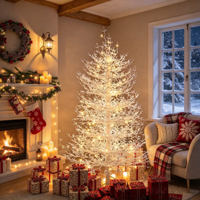 Sapin de Noël artificiel blanc de 1,20 m, pré-illuminé, avec branches articulées, 280 extrémités de branches en PE, 230 lumières DEL blanc chaud et support en métal. Style corail hivernal, idéal pour la décoration intérieure des fêtes de fin d'année.