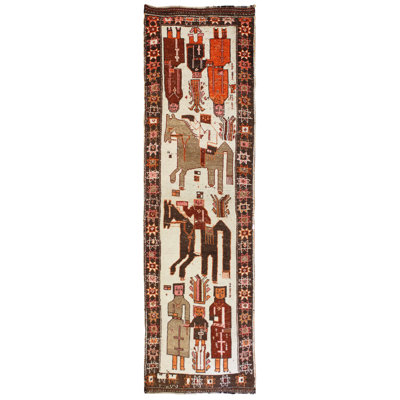 Tapis unique 4 pi x 12 pi 10 po en ivoire / chocolat / orange à motif pictural Herki
