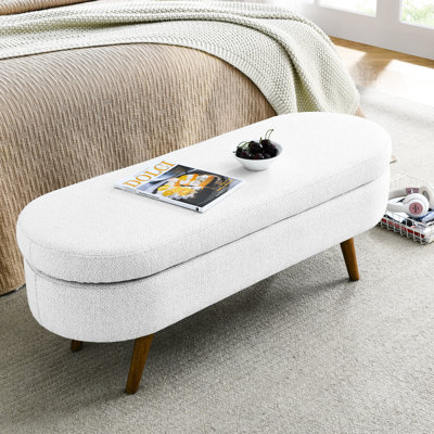 Banc de rangement en lin blanc avec pieds en bois d'hévéa
