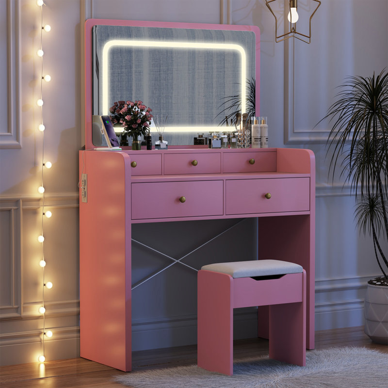 Ensemble de coiffeuse avec miroir, lumières à DEL et coiffeuse avec prise de courant et 5 tiroirs pour le vestiaire de la chambre à coucher, rose