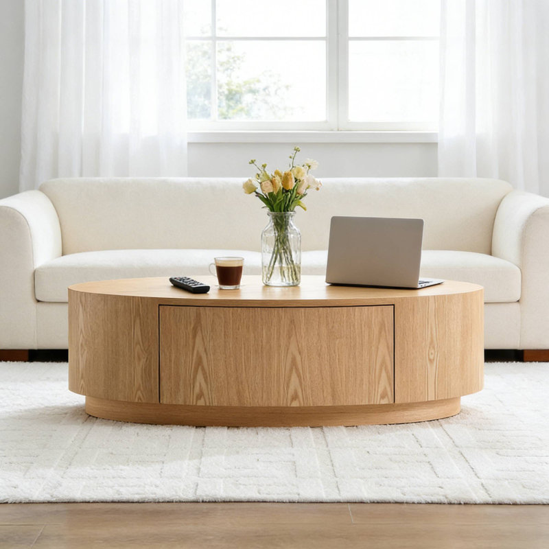 47.24" MDF Coffee Table, Natural Oval Center Table With Drawer For Living Room Condo Family Room, Natural