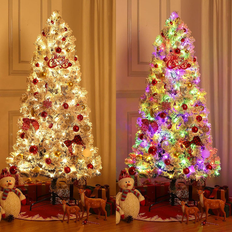 Snow Flocked Artificial Christmas Tree, Pre-Lit Hinged Pine Holiday Xmas Tree with LED Lights and Metal Stand, Slim Xmas Tree for Home Office Party Decoration