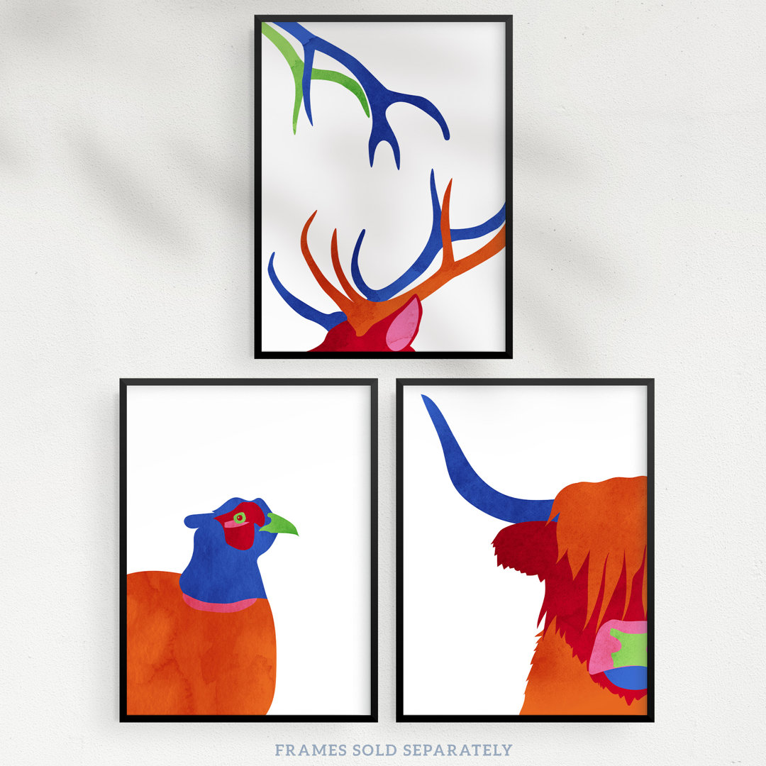 Scottish Animals Highland Coo Cow Grouse Deer Abstract Colour Block - 3 Piece No Frame Print Set