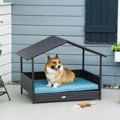 Lit surélevé pour chien avec coussin amovible, bleu pour coussin intérieur et extérieur et auvent de protection