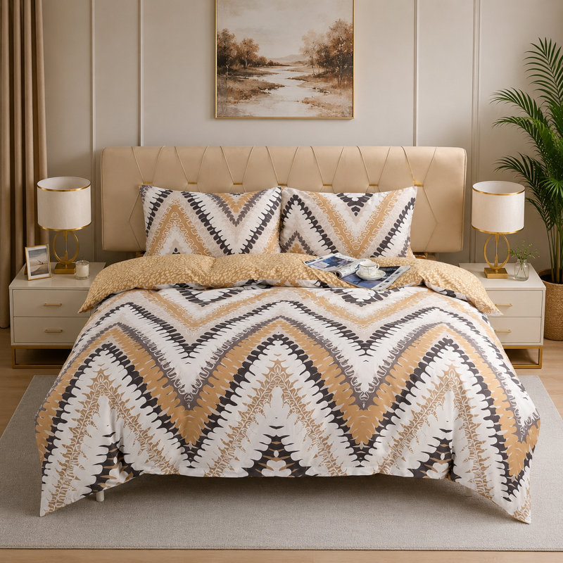 Complete Bedding Set Bliss Beige Wave Duvet Cover, Matching Fitted Sheet & Pillowcases
