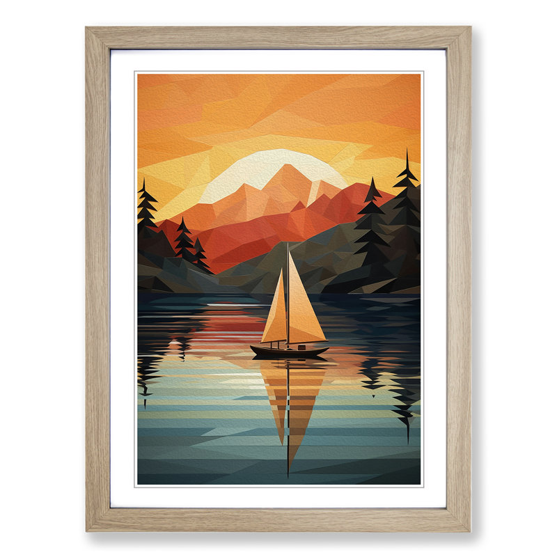 Boat On A Lake Geometric - Single Picture Frame Print on Wood, Oak, 34cm H x 25cm W x 2cm D