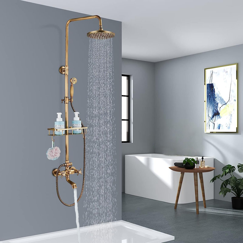 Antique Brass Shower Faucet Bathroom Shower Faucet Set 8" Rain Shower Head Handle Shower Waterfall Bathtub Spout Wall Mounted Outdoor Shower System with Shower Shelf