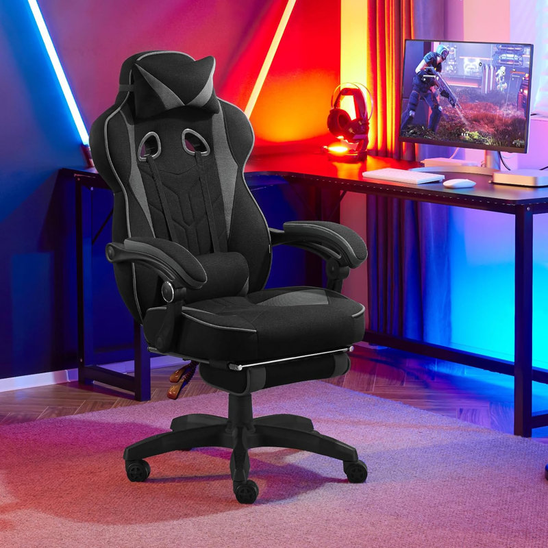 Inbox Zero Adjustable Reclining Ergonomic Swiveling PC & Racing Game Chair with Footrest in Black