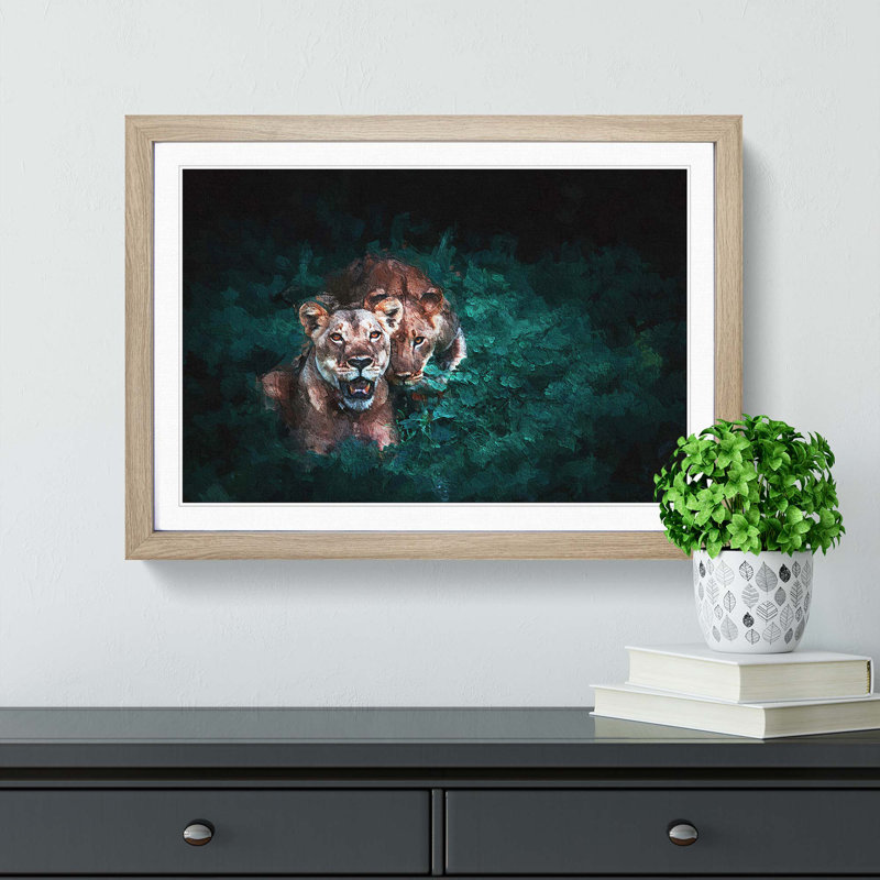 Two Lions in the Shadows - Picture Frame Painting Print, Oak Framed, 27cm H x 36cm W x 2cm D