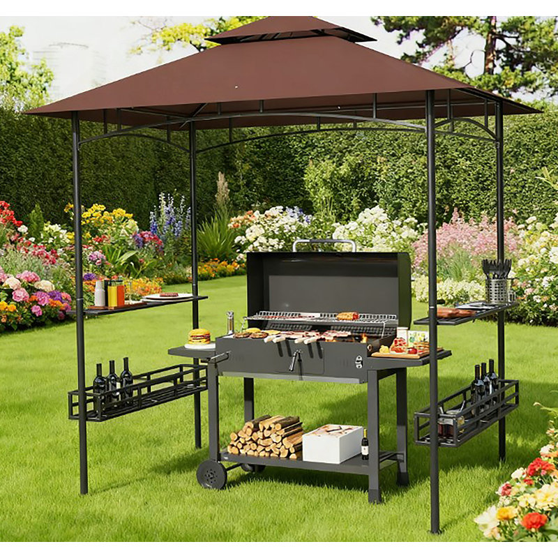 Pavillon de jardin extérieur à 2 niveaux pour barbecue, pavillon de barbecue pour barbecue, avec 2 tablettes latérales, paniers de rangement, crochet de plafond