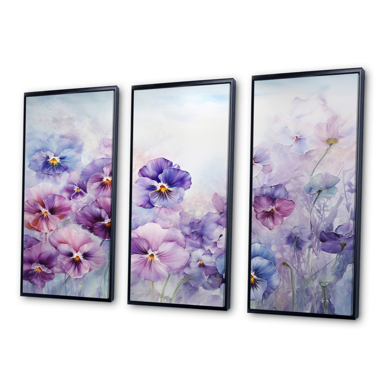 Ensemble de salon mauve avec fleurs mauves, Cadre flottant noir, H 40 po x l 60 po x P 1 po
