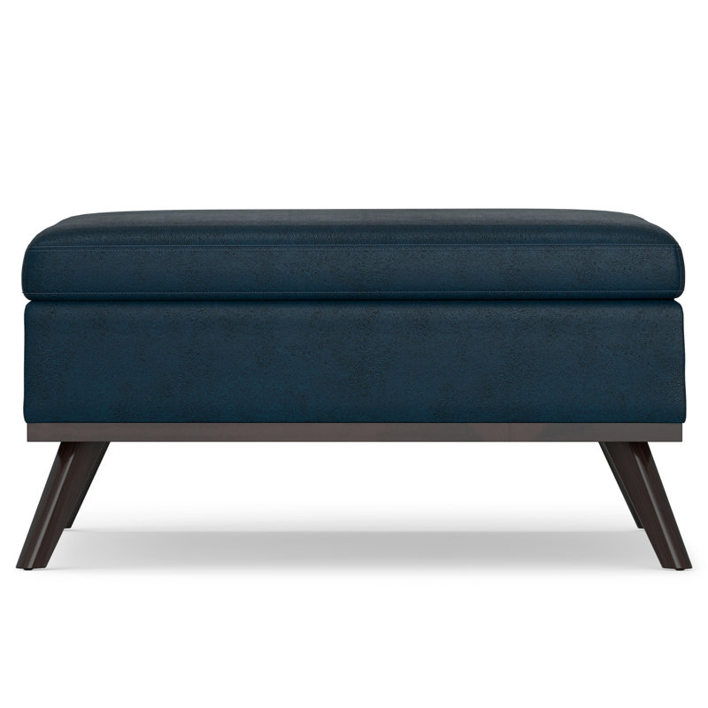 Owen 36"W Upholstered Mid-Century Modern Square Lift-Top Ottoman with Tufted Detail, Distressed Dark Blue Vegan Faux Leather