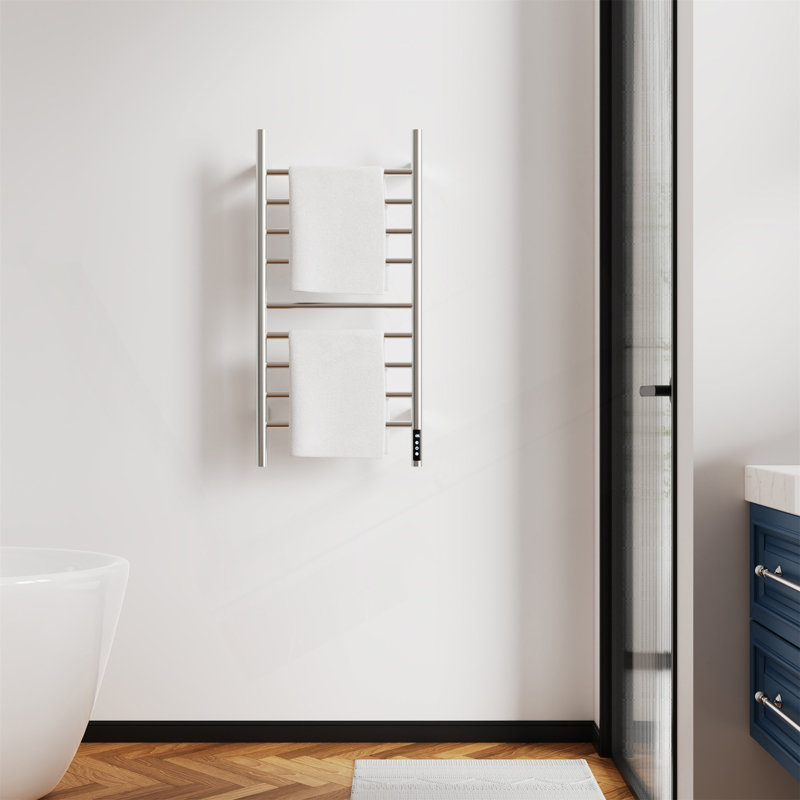 Porte-serviettes chauffant en nickel brossé pour la salle de bain, fixé au mur avec minuterie à écran tactile intelligent, chauffe-serviettes 9 barres, acier inoxydable 304 poli, à brancher / câblé