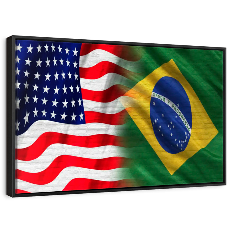 Drapeau des États-Unis et du Brésil, 25 po x 17 po, Cadre flottant noir