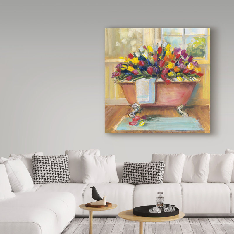 Floral Square Framed Canvas Art with Pink Bathtub