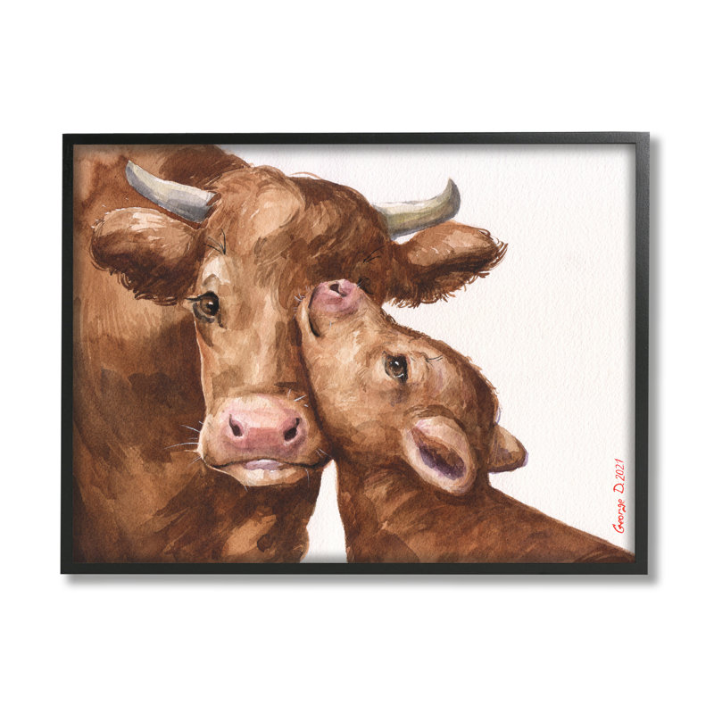 «Compassionate Bovins Mother & Baby Cuddle», «Farmland Giclee», art texturé par George Dyachenko, L 14 po x H 11 po