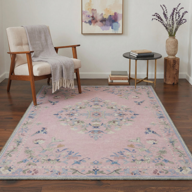 Abadou Auraflora Floral Birds Machine Washable Pink / Blue / Green Indoor Area Rug with Non-Slip Backing, Rectangle 6' x 9'