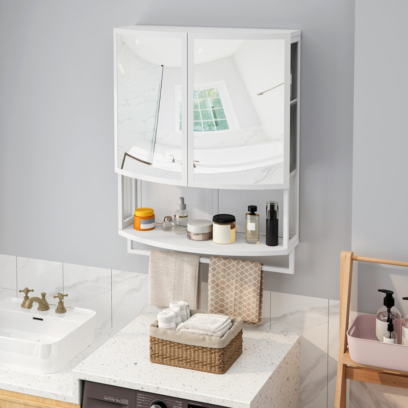 23.62" Modern Arched Glass Double-Door Wardrobe with Shatterproof Non-Glass Mirror - Double-Layer Storage, Open Shelf & Towel Rack