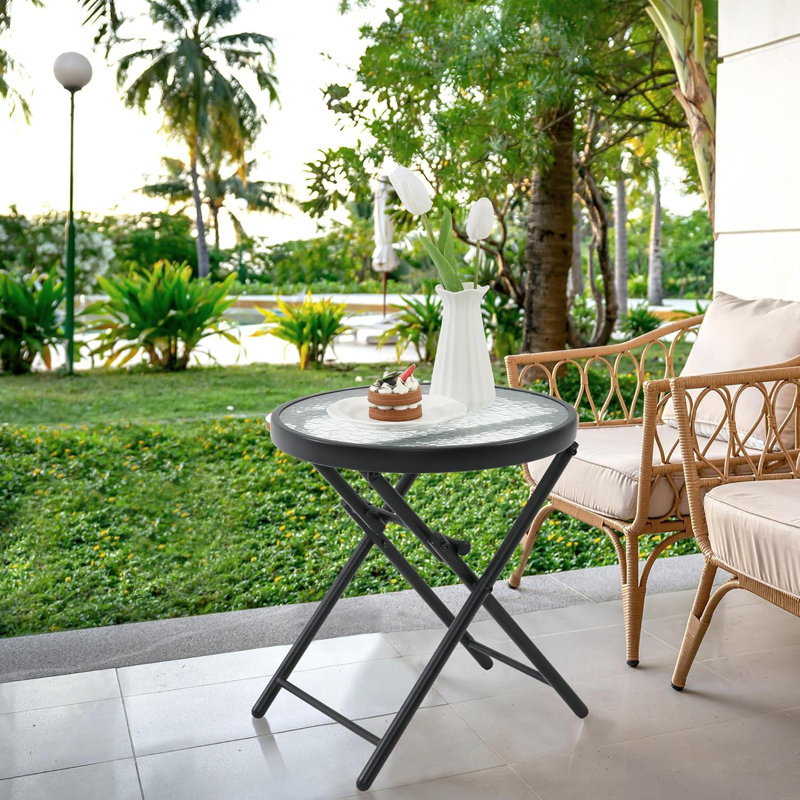 Table d'appoint pliante pour patio avec plateau en verre trempé