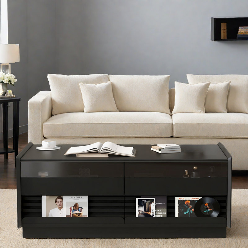 Table basse moderne moderne avec 4 tiroirs et 2 tablettes, Noir