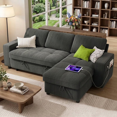Canapé-lit d'angle multifonctionnel en forme de L de 206 cm (81 po), canapé-lit 3 en 1 avec dossier inclinable à 5 positions, ports USB et Type-C et méridienne de rangement