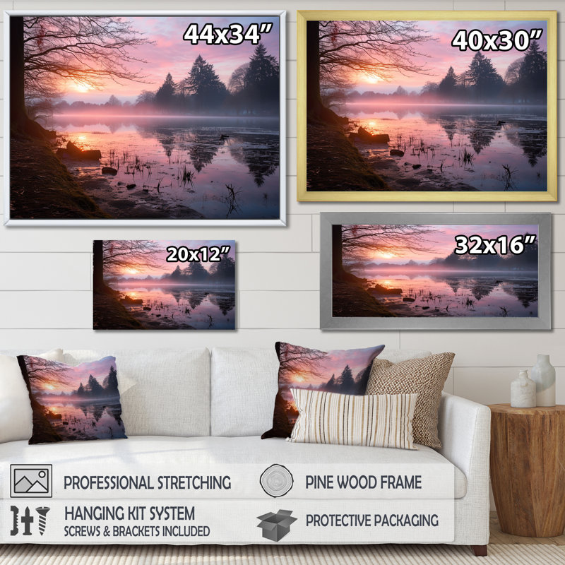 «Pastel Sunrise Misty Mountain Lake I», reproduction, 30" H x 40" W, Cadre naturel flottant