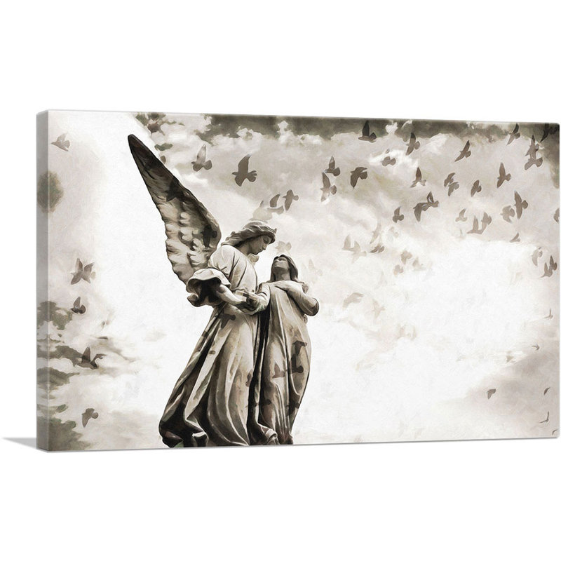 Cimetière, sculpture avec oiseaux, reproduction d'art sur toile tendue, H 18 po x l 26 po x P 0,75 po