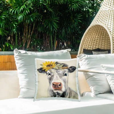 Cow With Sunflower Crown Outdoor Printed Pillow by Silvia Vassileva