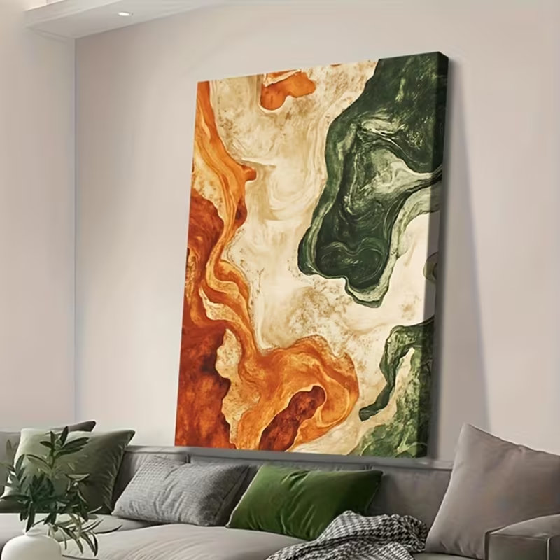 30*20,2D Flat, 1pc Moroccan Bohemian Modern Abstract Wall Painting - Earth-Tone Swirl Painting, Using Burnt Orange And Olive Green.