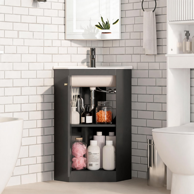 Meuble-lavabo de coin mural noir de 24 pouces avec lavabo en céramique, convenant aux petites zones de dressage de la salle de bain (robinet non inclus).
