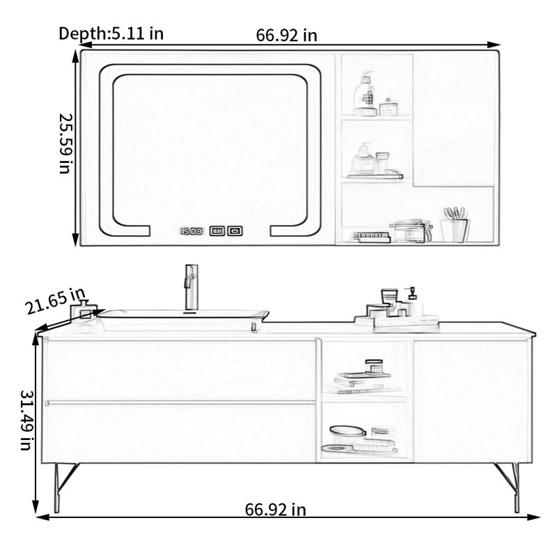 Light luxury dopamine rock panel bathroom cabinet, 31.49" H x 66.92" W x 21.65" D